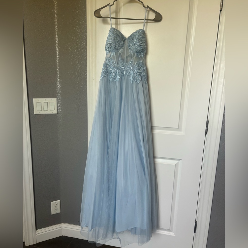 Light Blue Tulle Evening Gown with Embroidered Bodice